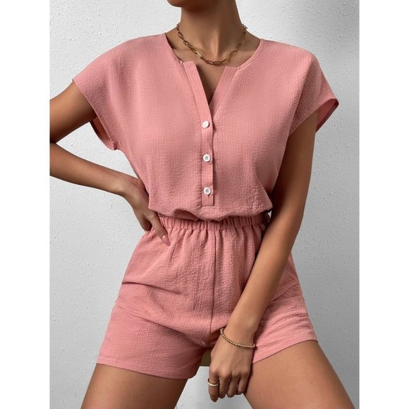 Coral Pink Boho Womens Button Front Batwing Sleeve Half Button Romper - Picture 5 of 7